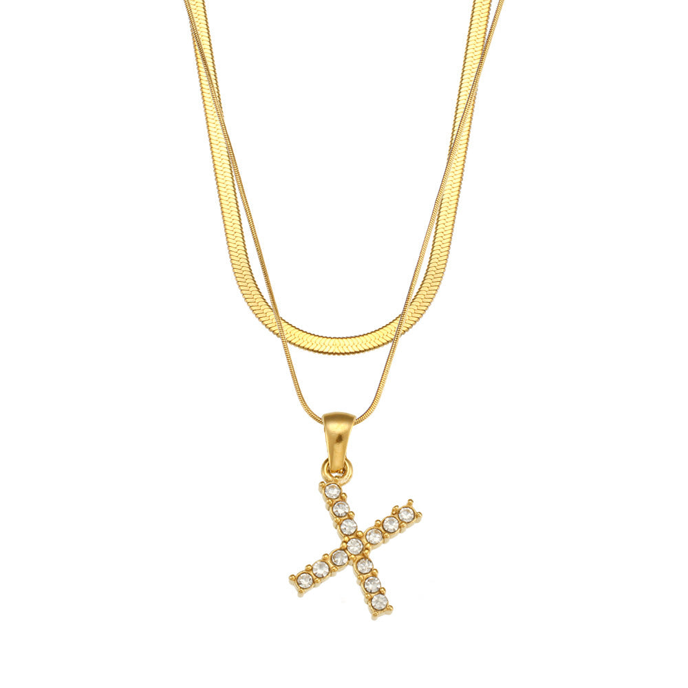 Fashionable Minimalist Letter Pendant Necklace in Stainless Steel with 18K Gold Plating and Cubic Zirconia on Double Snake Chain for Women