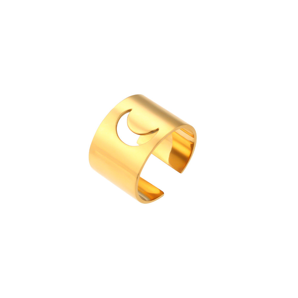 Minimalist Adjustable Butterfly and Crescent Moon Ring for Women in Electroplated 18K Stainless Steel with Hollow-Out Geometric Design