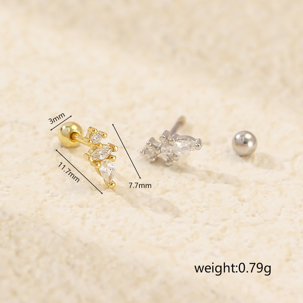 Sweet and Edgy Water-Drop-Shaped S925 Sterling Silver Threaded Cartilage Earrings with Rhinestone Inlay for Women