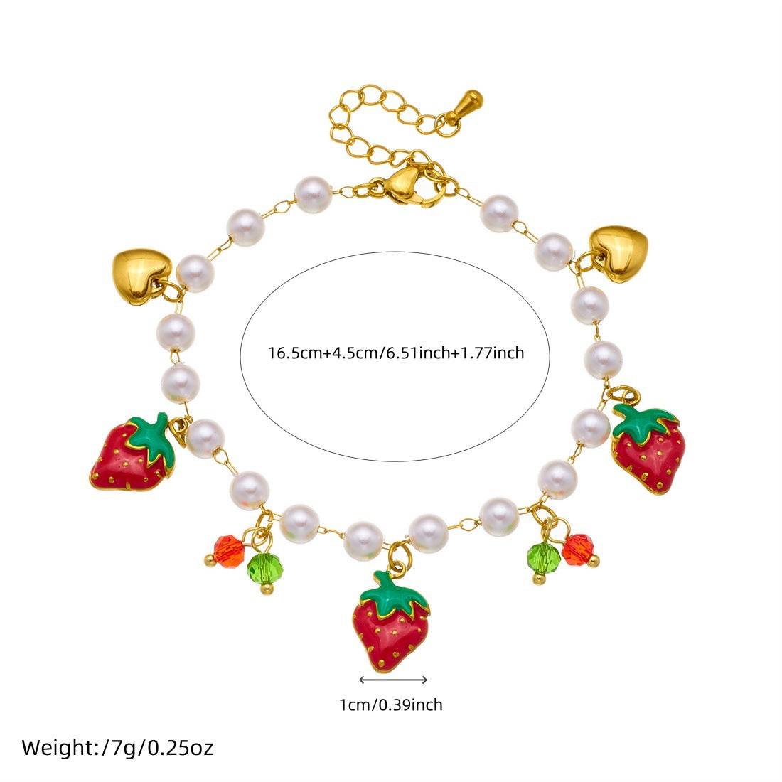Sweet Gold Plated Drip Oil Fruit Pearl Bracelet with Strawberry Cherry Watermelon Charms