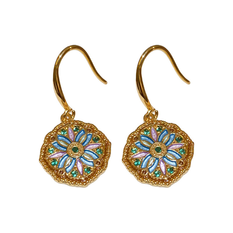 Orecchini da donna vintage chic floreali e geometrici in rame con intarsio di zirconi e finitura smaltata