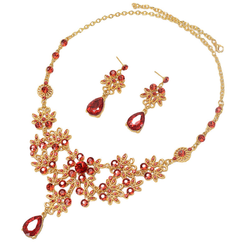 Luxury Elegant Floral Rhinestone Alloy Plated Necklace and Earring Set for Women Wedding Bridal Jewelry