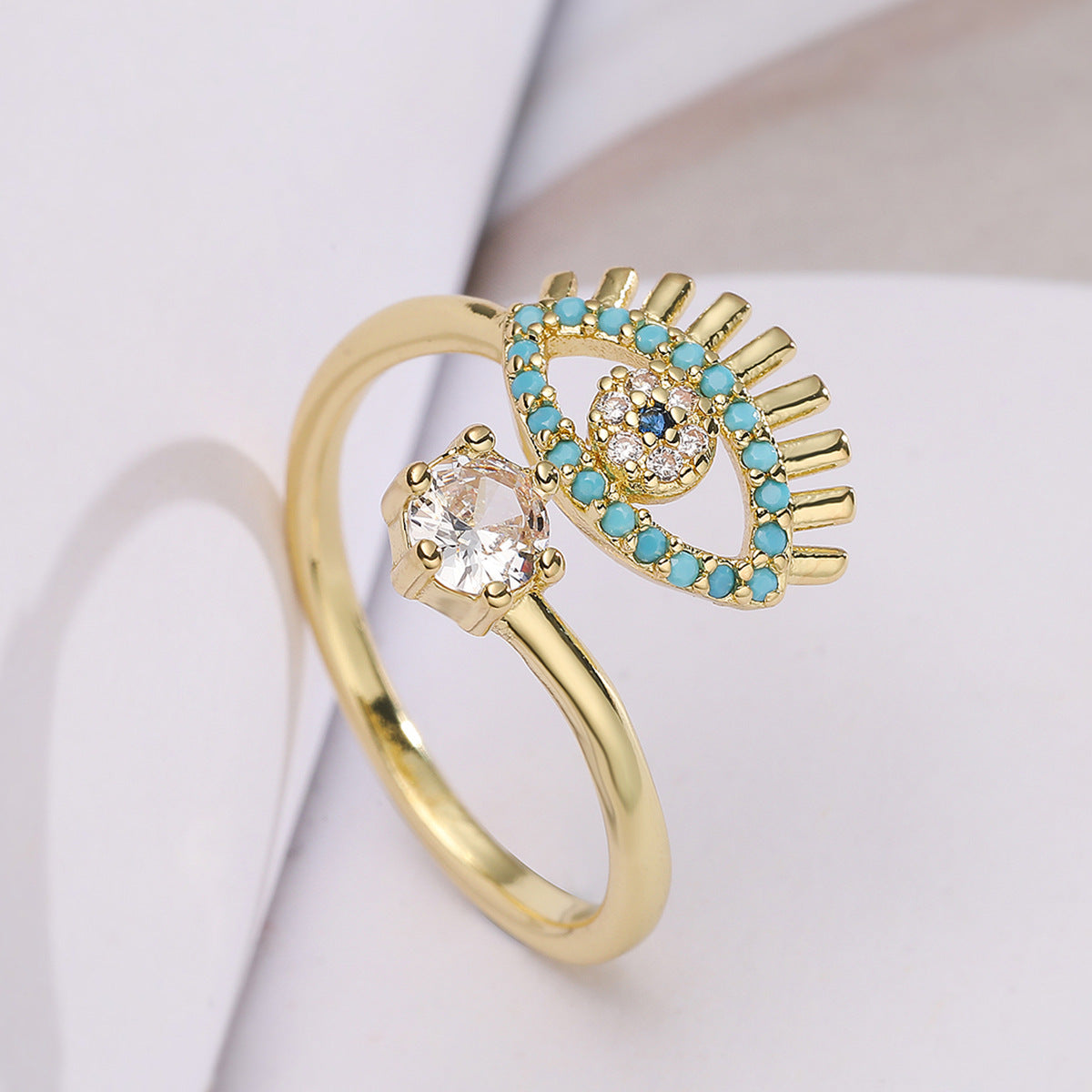 Minimalist 18K Gold Plated Brass Geometric Micro-inlay Cubic Zirconia Evil Eye Ring for Women