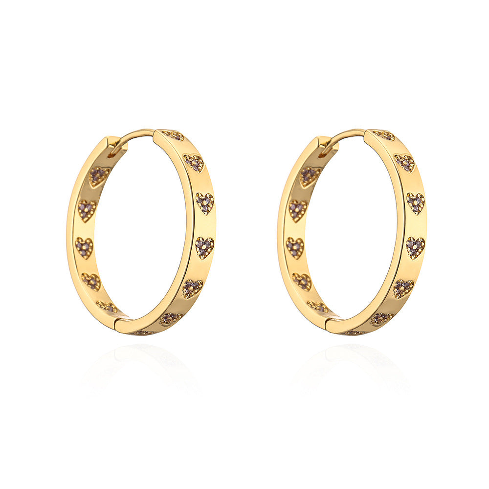 Orecchini a Cerchio Geometrici in Rame d'Ispirazione Vintage con Placcatura in Oro 18K e Accento a Cuore in Zirconia Cubica da Donna