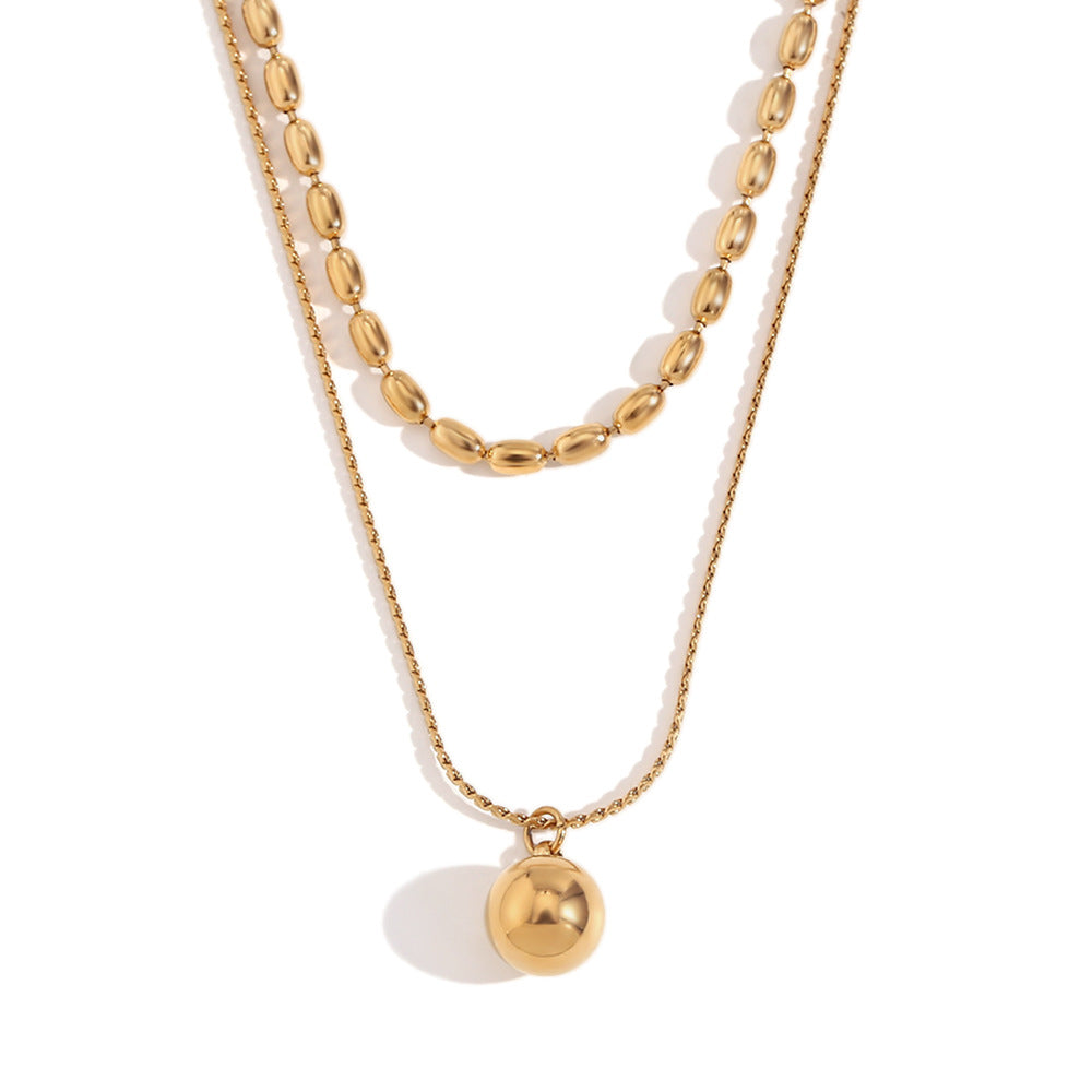 Minimalist Geometric Stainless Steel Pendant Necklace for Women with 18K Gold Plating and Double-Layer Pearl Beads