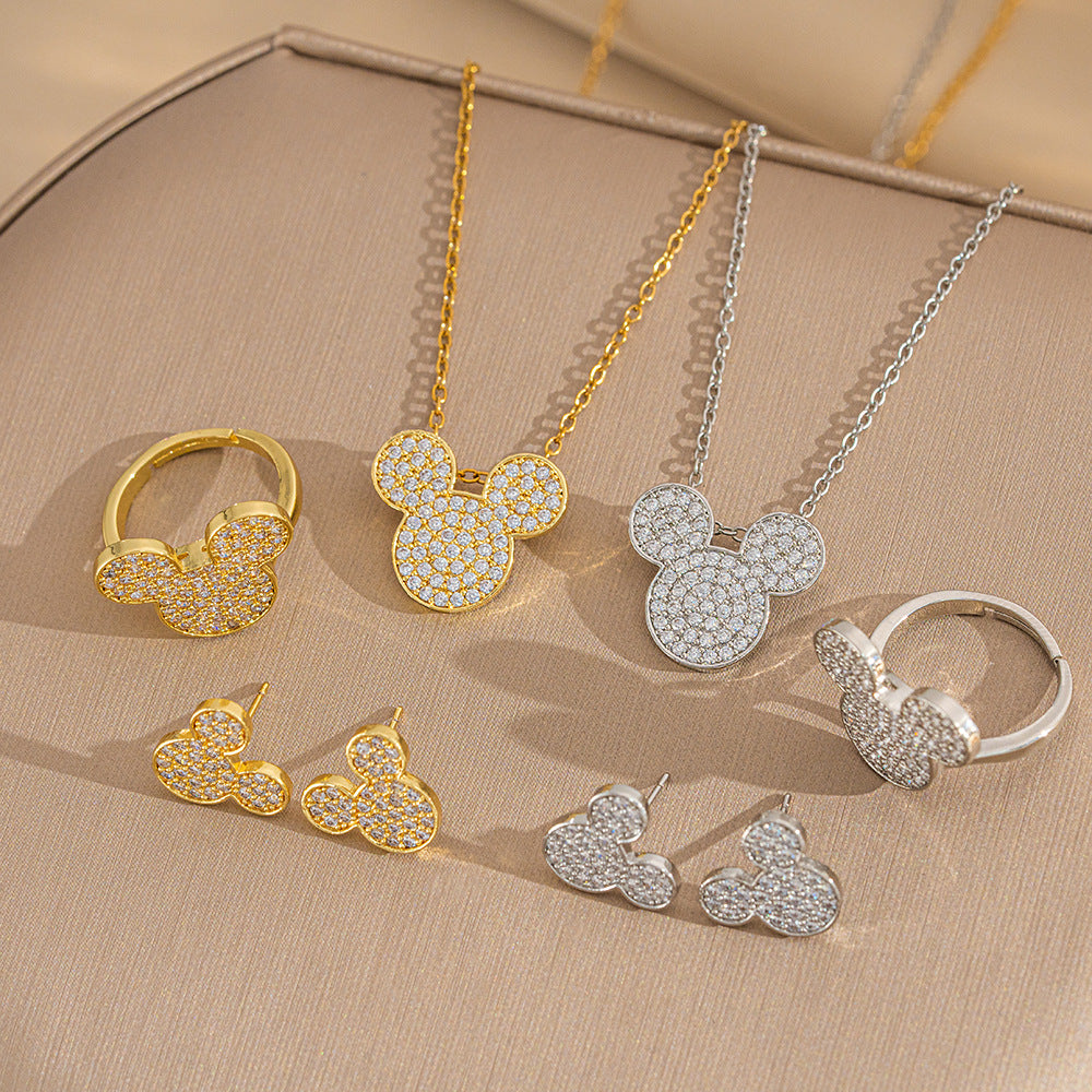 Elegant Minimalist Titanium Steel Heart-Shaped Necklace and Earrings Set with Rhinestone Inlay and Gold Plating for Women