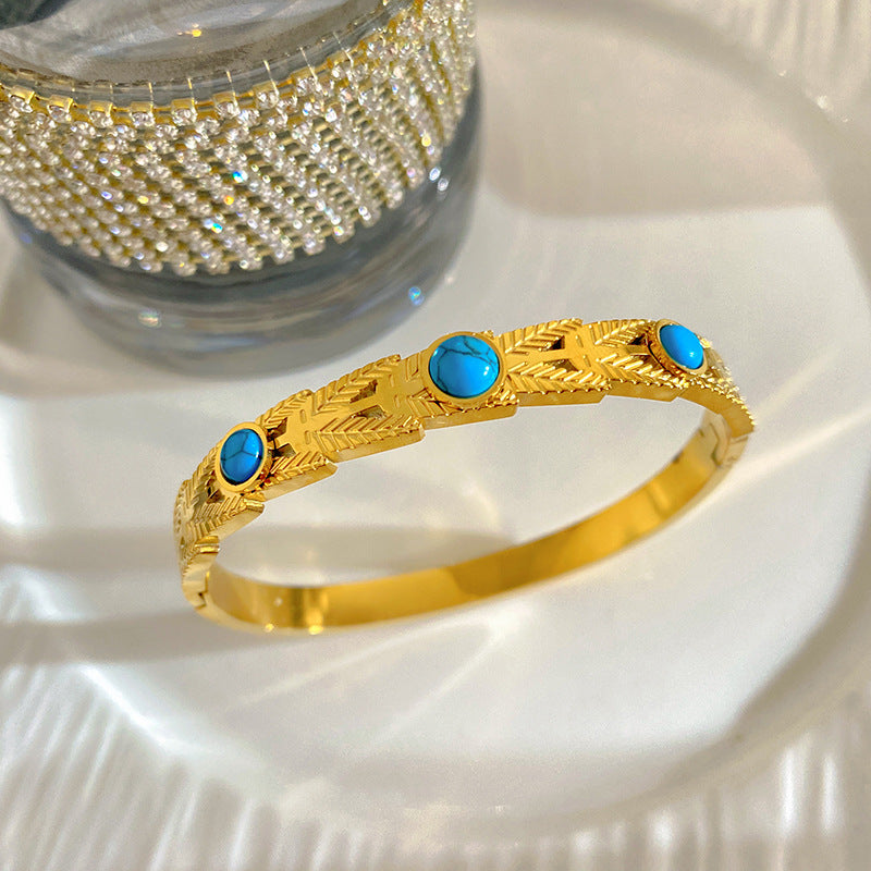 Vintage Gold Plated Titanium Steel Bracelet with Turquoise Inlay and Wheat Ear Floral Pattern for Women