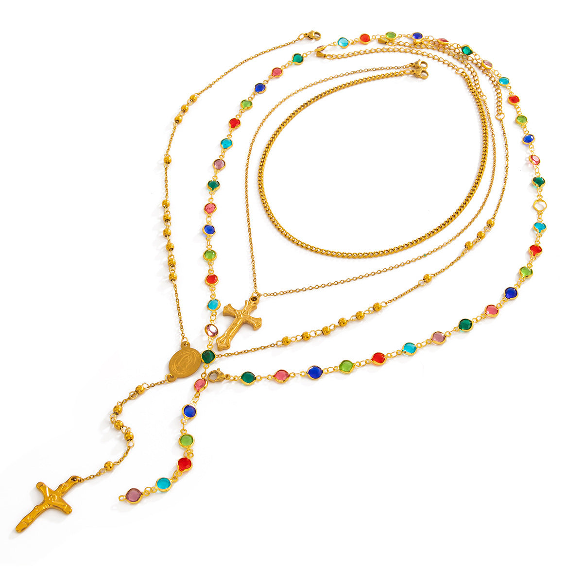 Hip-hop Cross Pendant Stainless Steel Necklace with Crystal Colorful Chain for Women