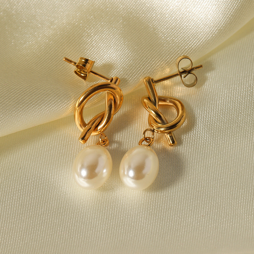 Vintage French Baroque Style Geometric Stainless Steel Earrings with Pearl Accents and Electroplated Finish for Women