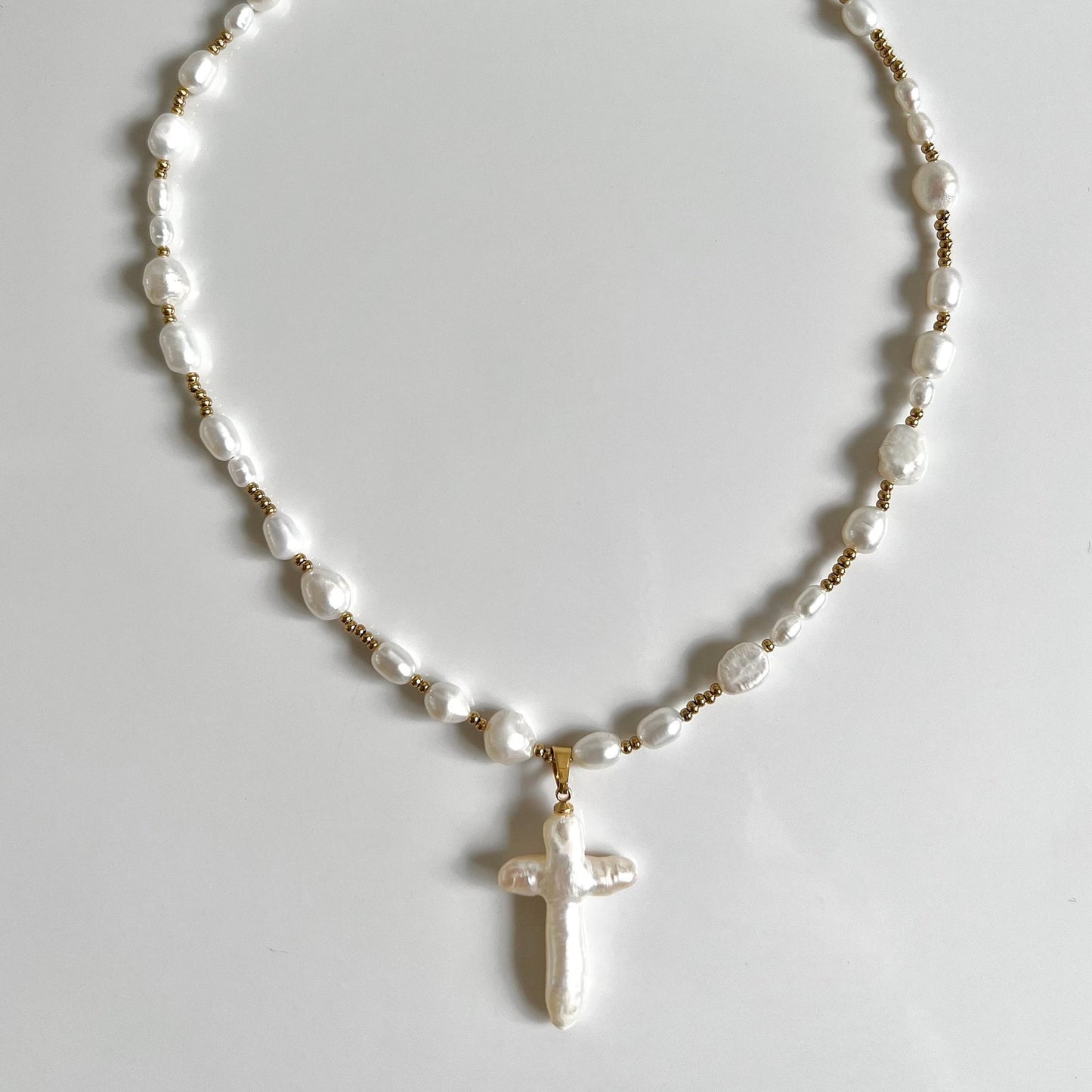 Vintage Baroque Pearl Cross Necklace with Rhinestone Inlay for Women
