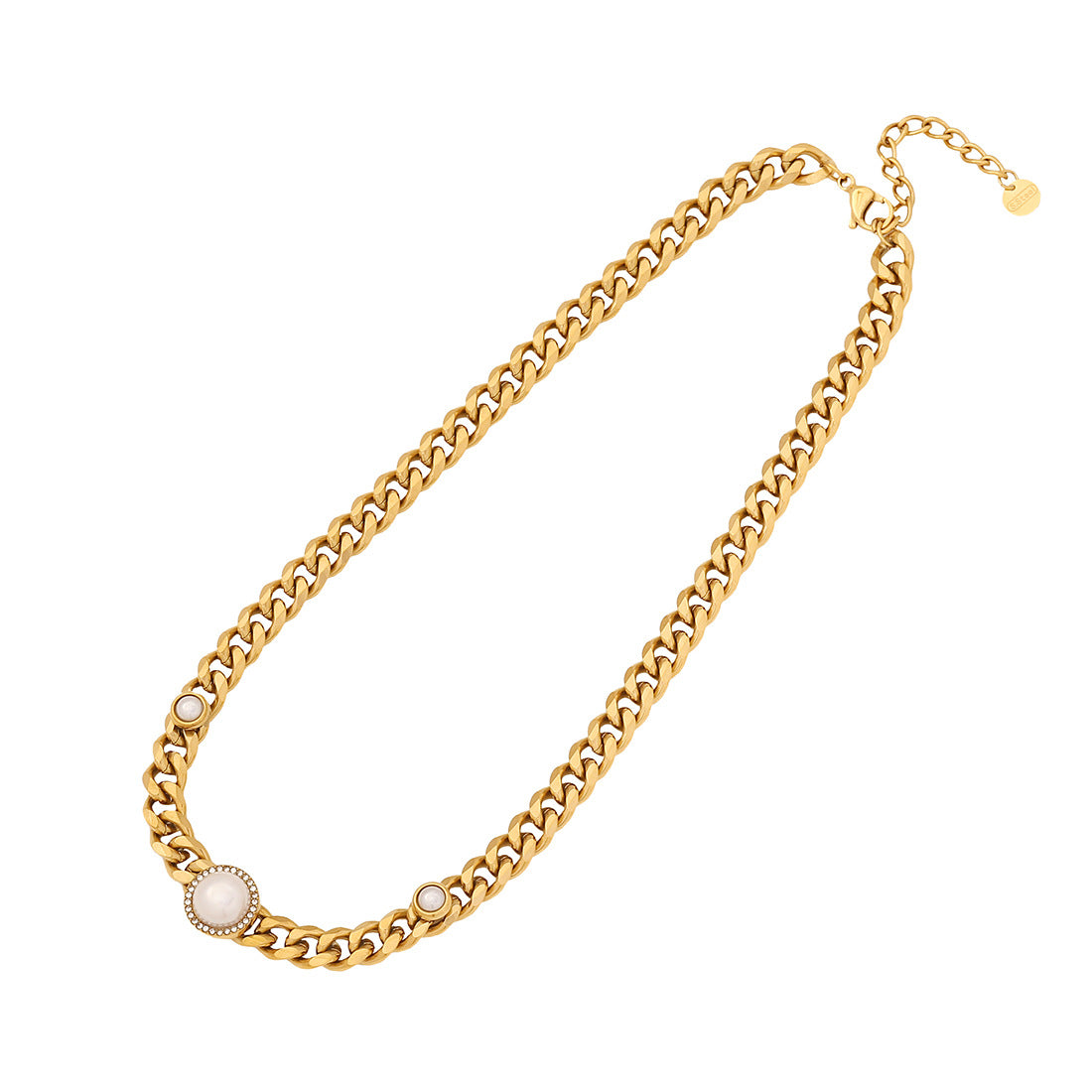 Collana da donna alla moda con perle rotonde geometriche e intarsio di strass in acciaio inossidabile