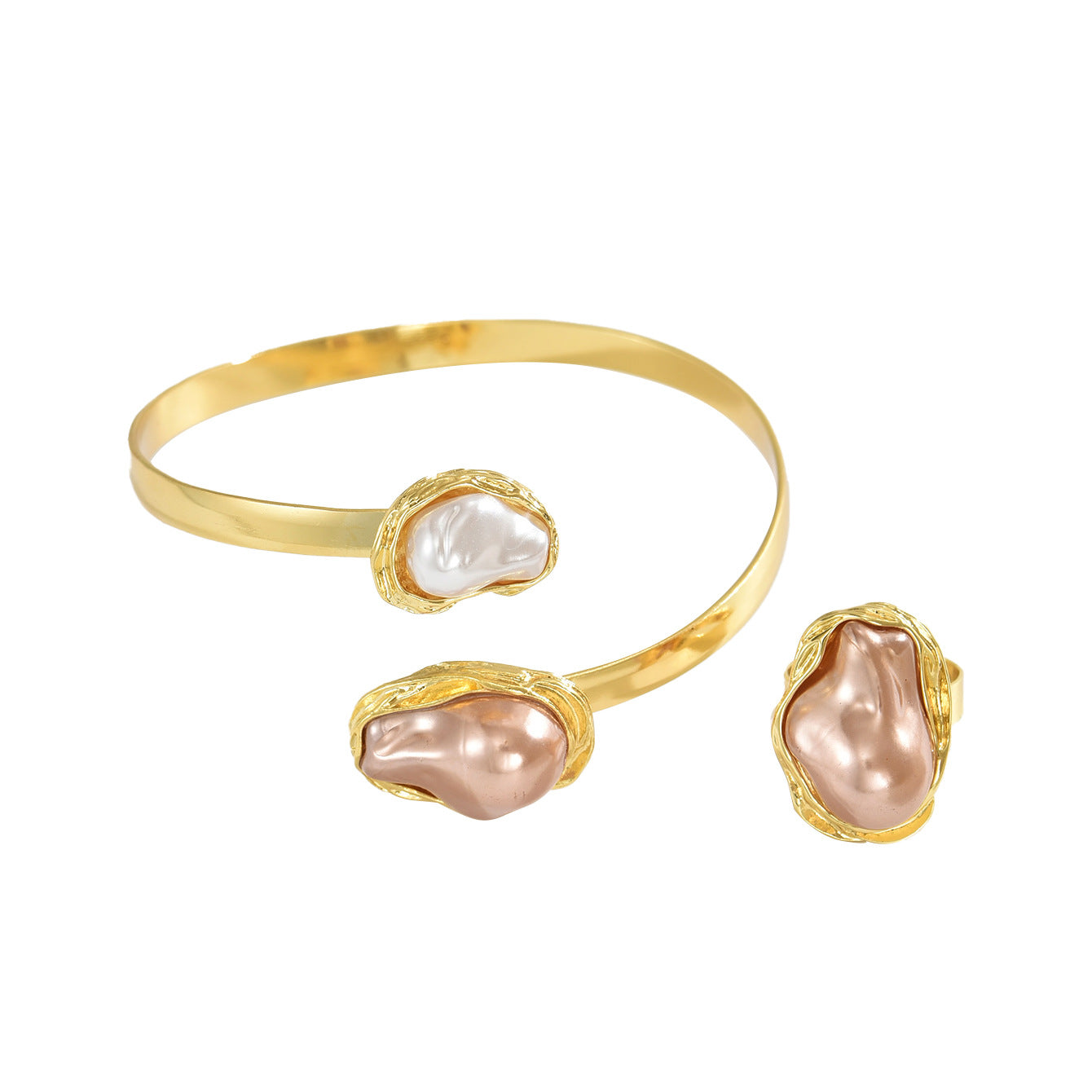 Conjunto de anillo abierto y pulsera de estilo geométrico para mujer en aleación de zinc con incrustaciones de perlas irregulares, accesorio de moda
