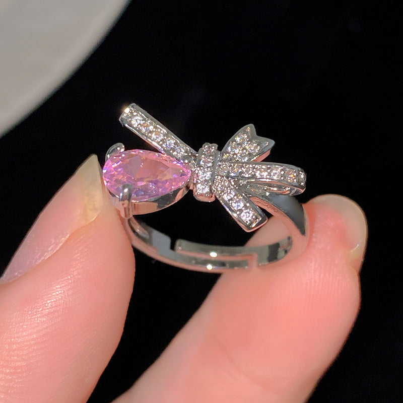 Sweet Cubic Zirconia Inlay Brass Bow Ring for Women