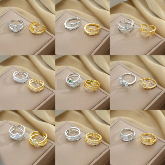 Minimalist Geometric Titanium Steel Ring with Zirconia Accents for Women Adjustable Open Band Fashion Jewelry