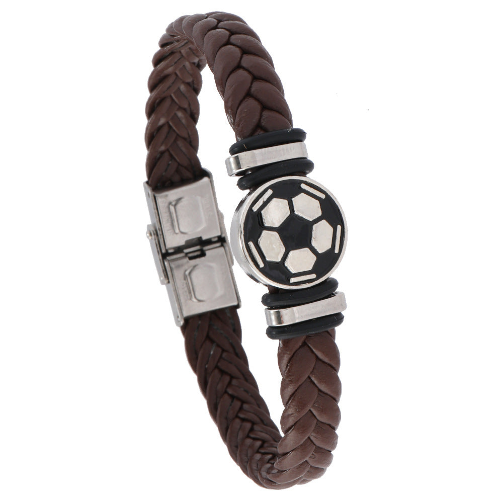Pulsera unisex de cuero con diseño geométrico pulido y elemento luminoso de balón de fútbol
