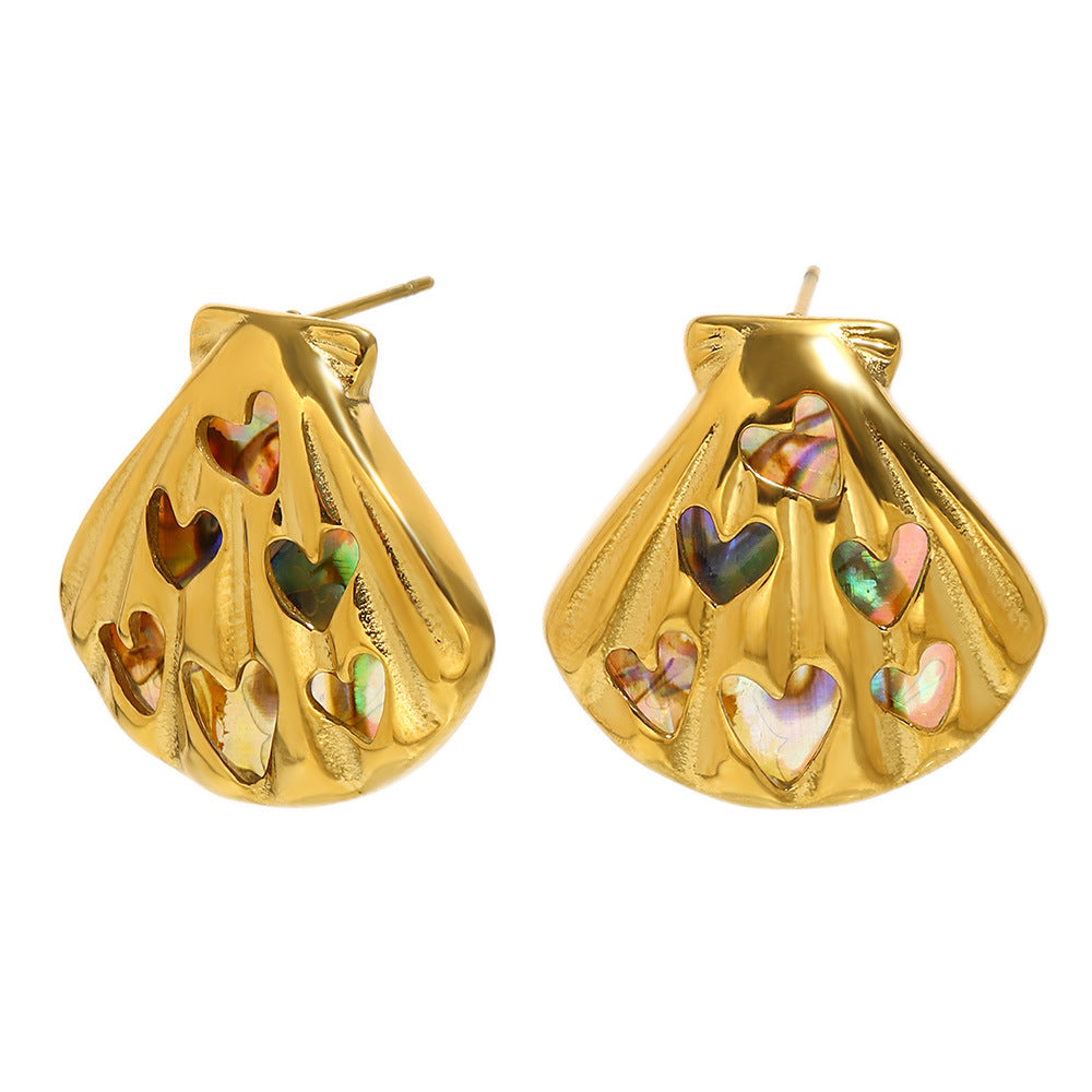 Pendientes de concha de abulón bañados en oro de 18 quilates de acero inoxidable con diseño de corazón geométrico minimalista elegante