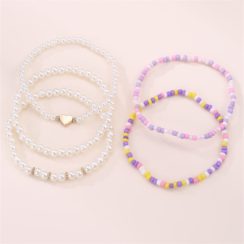 Tobillera Minimalista de Cuentas en Forma de Corazón con Cuentas Miyu Coloridas y Detalles de Perlas para Niñas