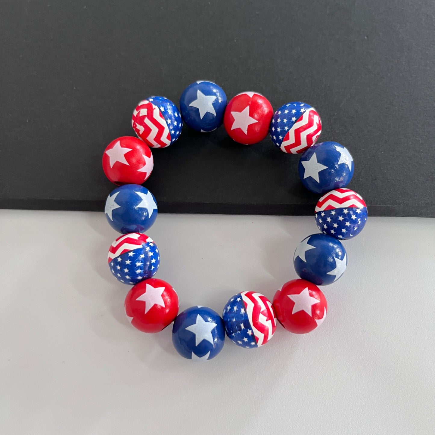 Striped Star Round Wood Beaded Bracelet Charm Bar Unisex