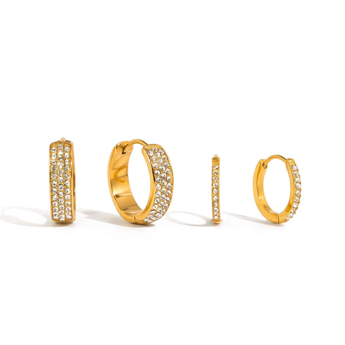 Elegant 18K Gold Plated Stainless Steel Round Geometric Rhinestone Hoop Earrings for Women