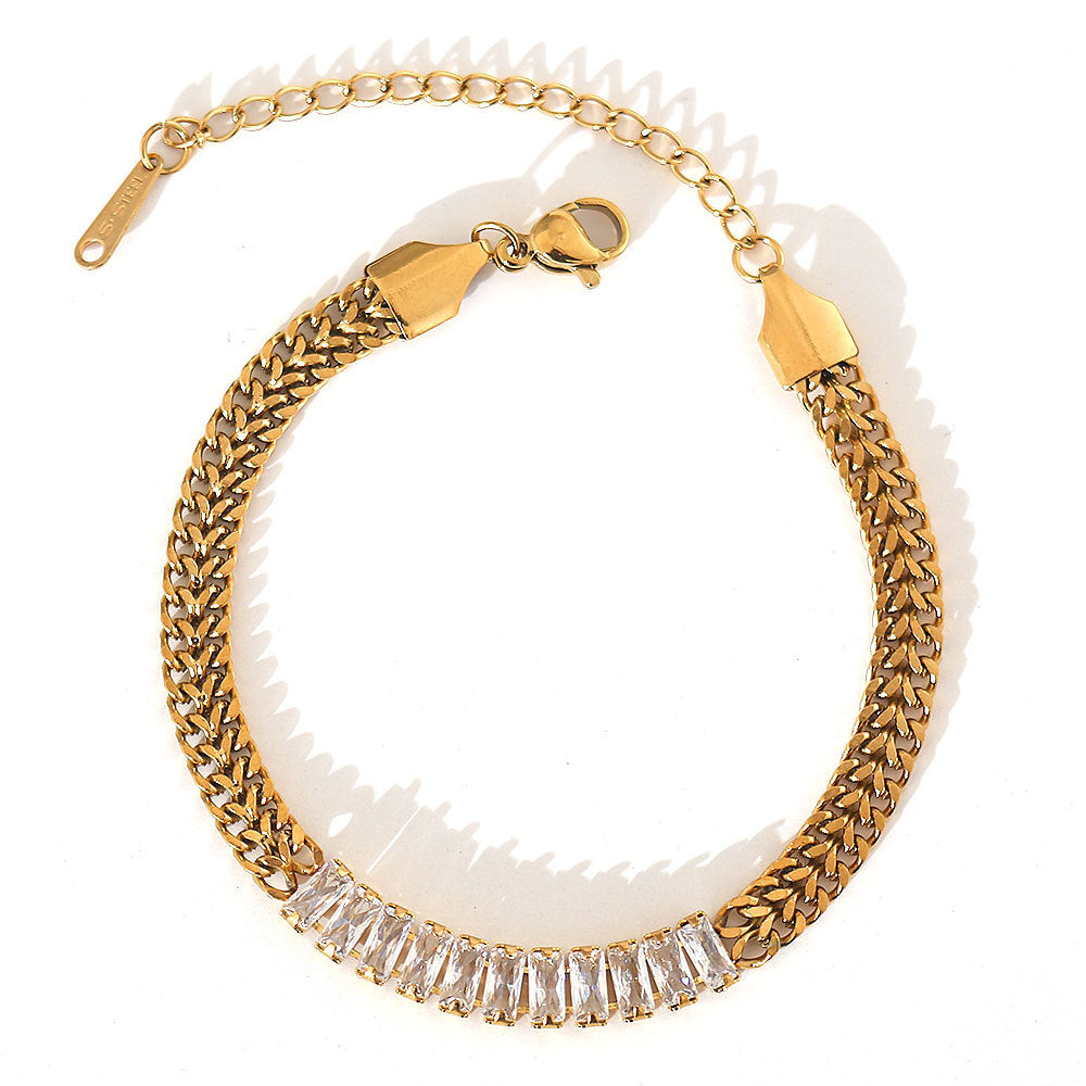 Pulsera Minimalista Retro Francesa de Acero Inoxidable para Mujer con Baño de Oro de 18K, Incrustaciones de Circonita y Diseño de Cadena de Malla