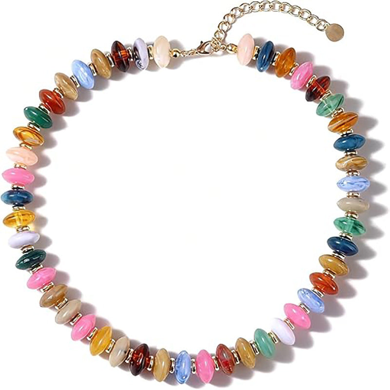 Bohemian Casual Geometric Oval Resin Polished Pendant Ball Chain Necklace for Women