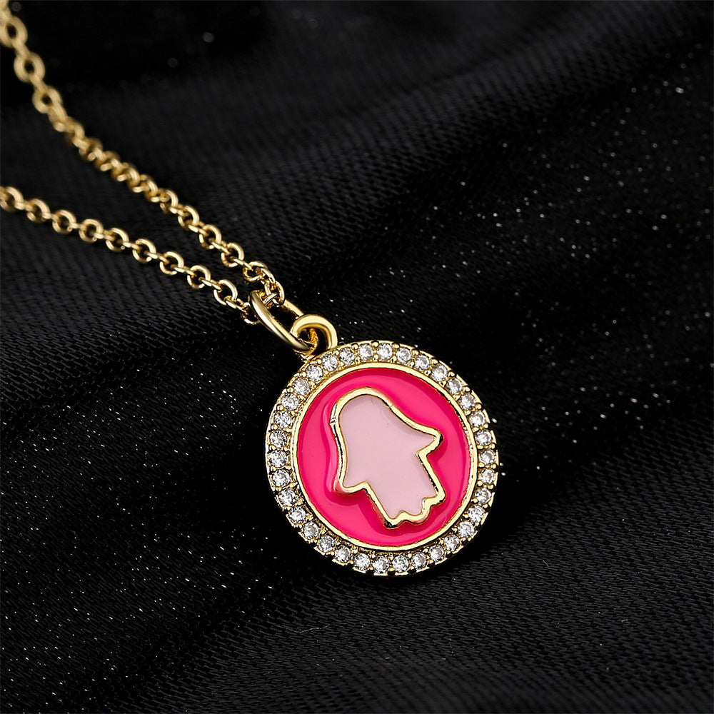 Geometric Round Drip Oil Brass Pendant Necklace with Cubic Zirconia for Women