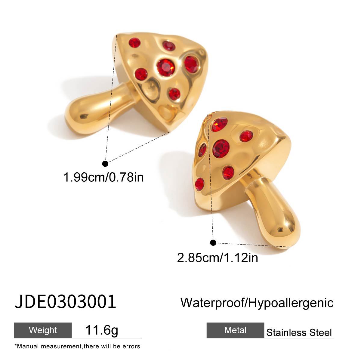 Luxury Elegant Geometric Mushroom Stud Earrings with Red Cubic Zirconia, Stainless Steel and Titanium Steel Post, 18K Gold Plated