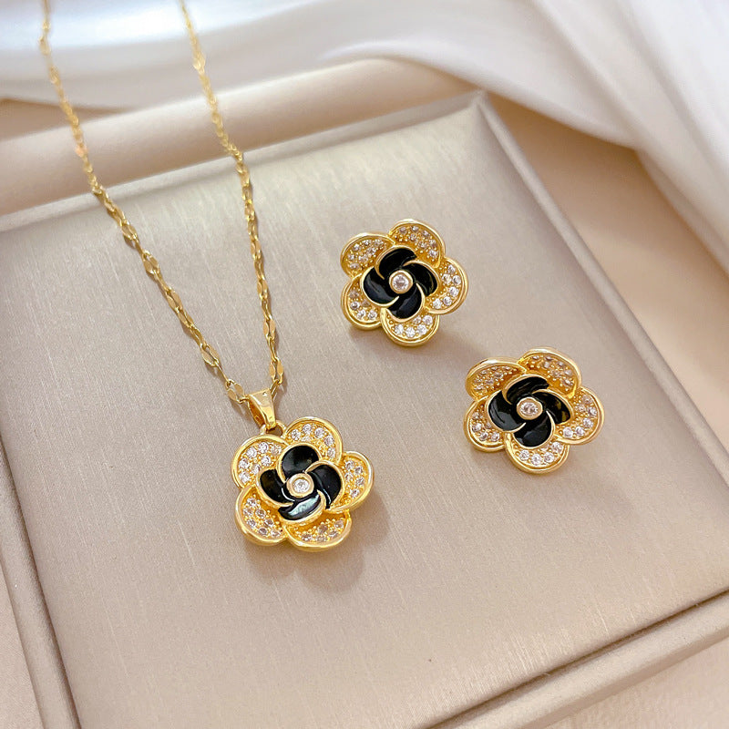 Conjunto de collar y pendientes de lujo con microincrustaciones en forma de flor de acero de titanio para mujer, joyería elegante para fiesta