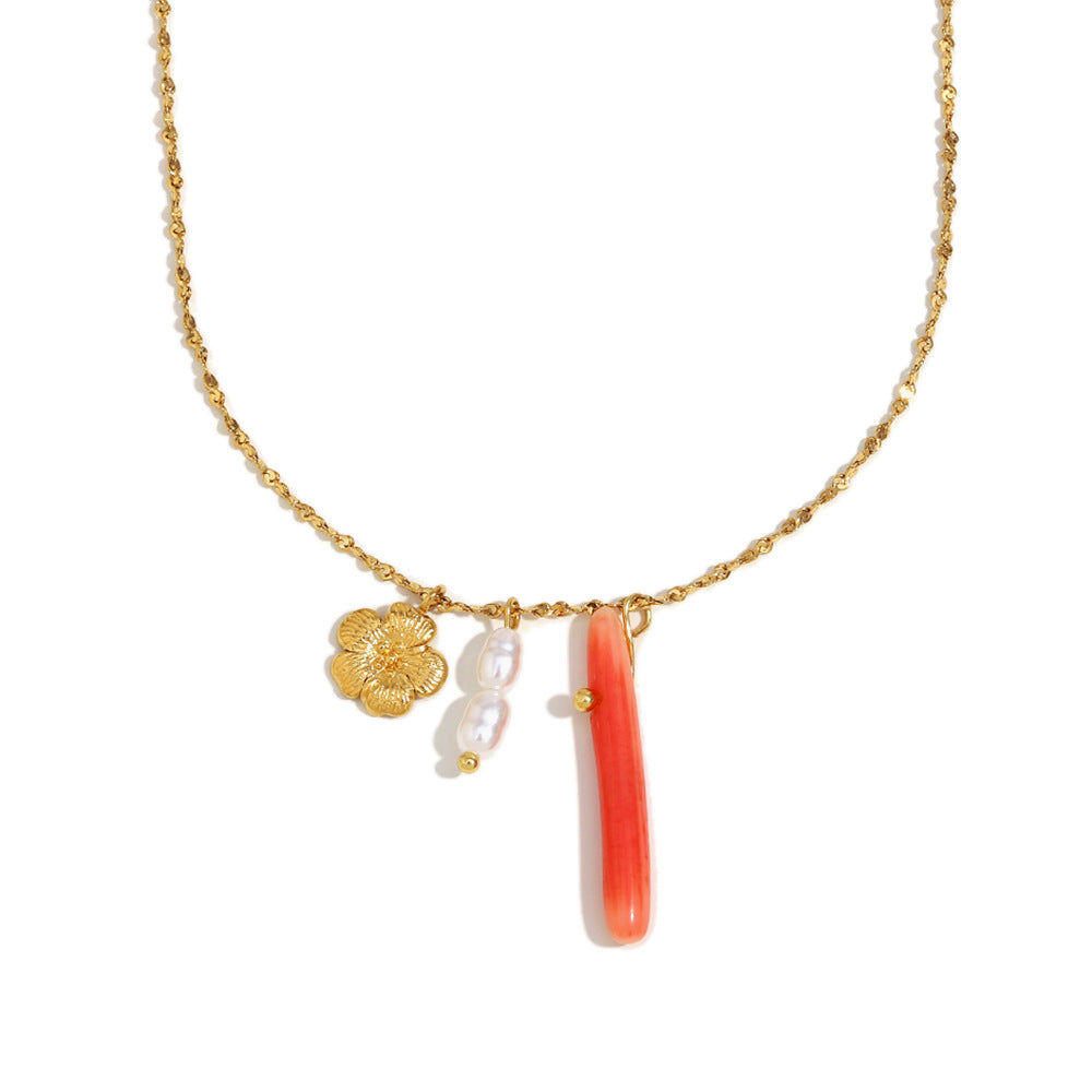 Set Collana con Ciondoli Floreali alla Moda da Donna con Catena in Acciaio Inossidabile e Ciondoli in Acciaio al Titanio Placcati Oro 18K