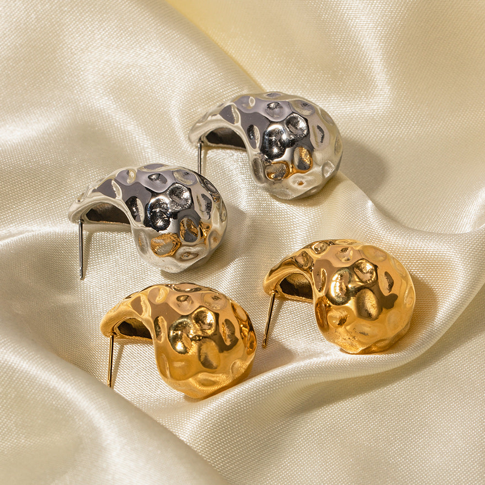 Minimalist Geometric Stainless Steel Earrings with 18K Gold Plating and Teardrop Hammered Texture for Women