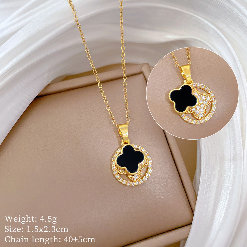 Collar de trébol de la suerte para mujer, de acero inoxidable con incrustaciones de diamantes de imitación, estilo dulce y fresco, cadena para la clavícula