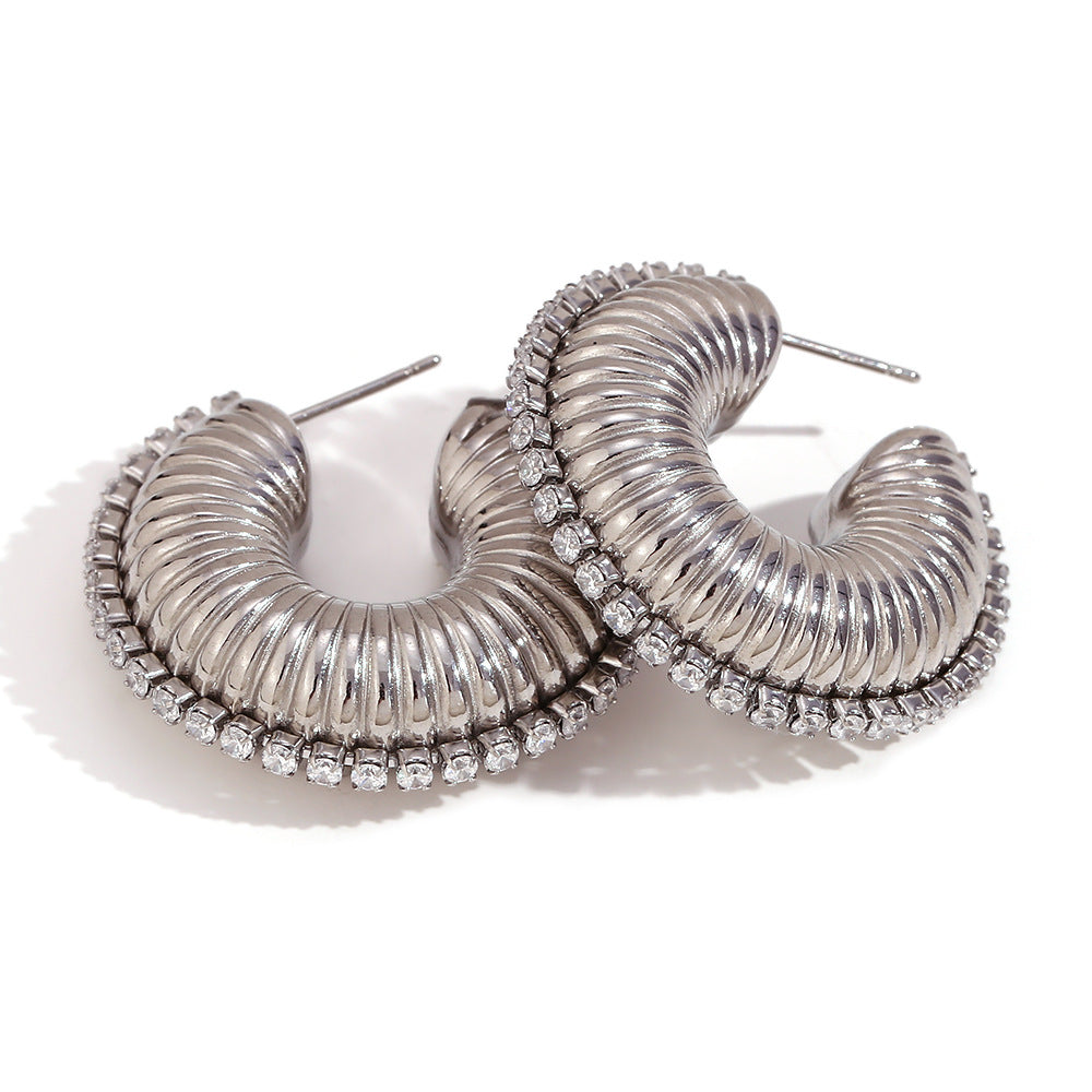 Fashionable Geometric Stainless Steel Hoop Earrings with 18K Gold Plating and Zircon Inlay for Women