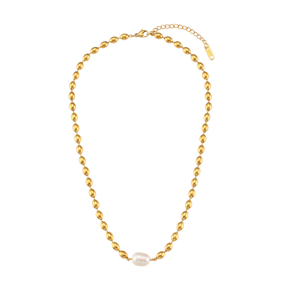 Fashionable Oval Stainless Steel Beaded Pearl Necklace Set with Titanium Steel Pendant and Electroplated Finish for Women