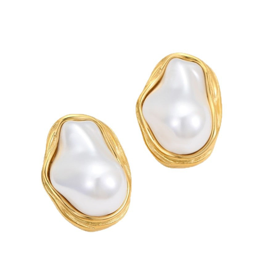 Vintage Geometric Baroque Pearl Earrings and Stainless Steel Clavicle Necklace with Plating Finish