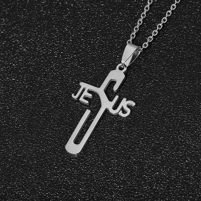 Fashion Cross Pendant Necklace in Titanium Steel with Polished Gold Plating on O-Chain for Unisex Wear
