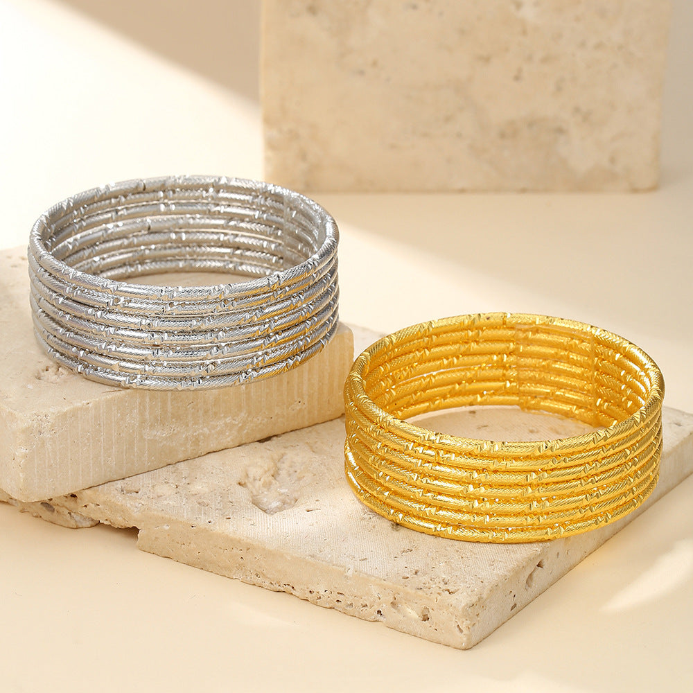 Gold Plated Brass Round Geometric Textured Coil Bangle for Women