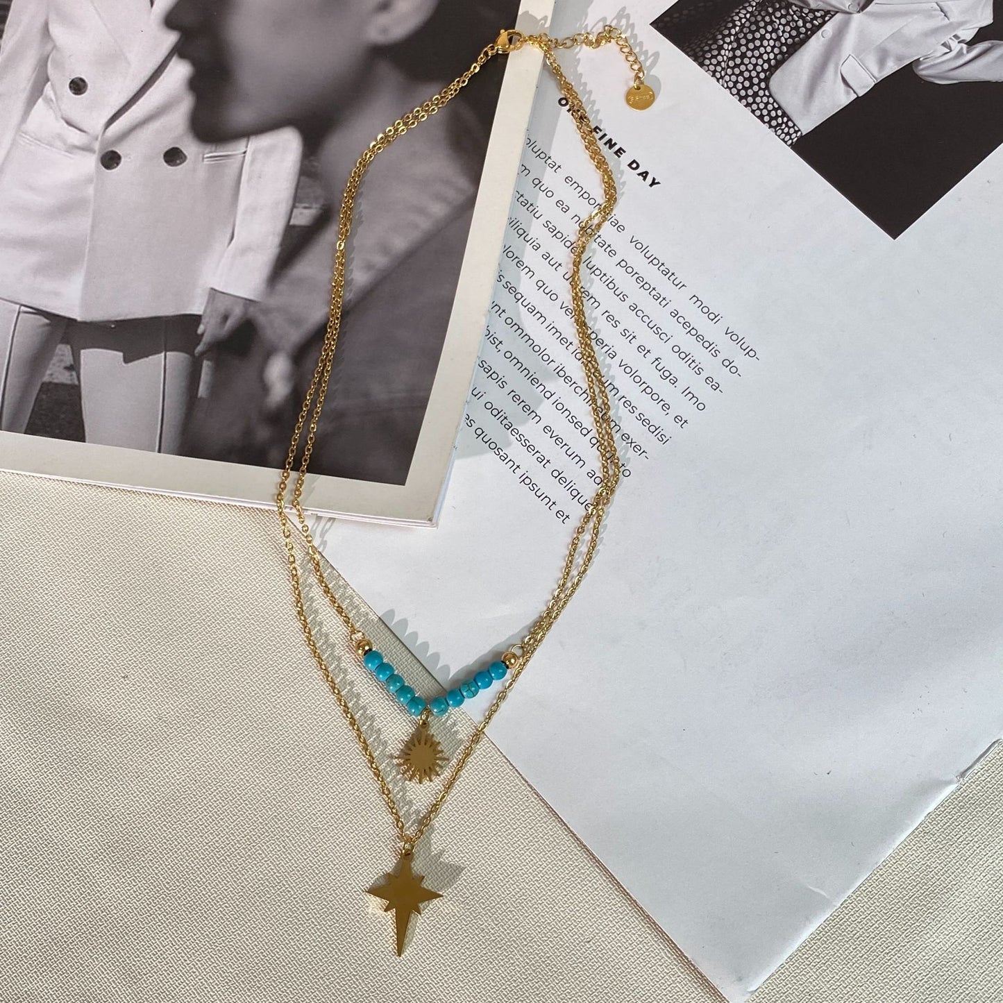 Luxury Geometric Sunflower Turquoise Inlay Titanium Steel Necklace Double Layer Cable Chain Unisex