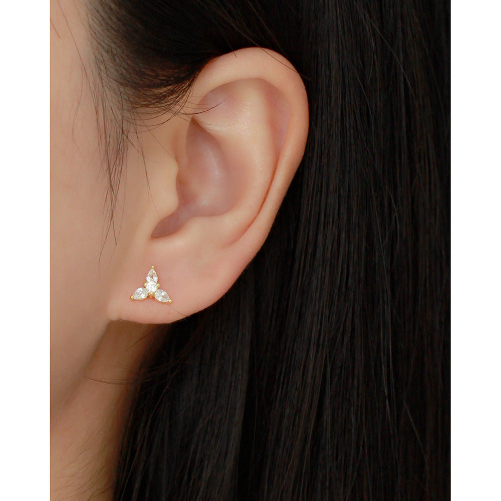 Minimalist Geometric Teardrop-Shaped S925 Sterling Silver Threaded Cartilage Earrings with Cubic Zirconia Inlay for Women