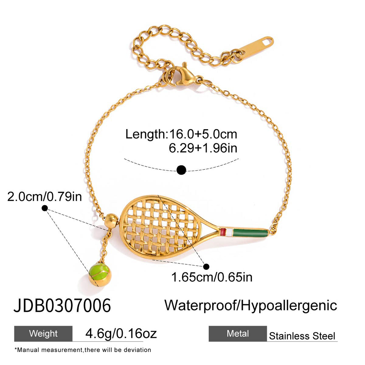 Set collana e bracciale con ciondolo a racchetta da tennis alla moda in acciaio al titanio con smalto colorato e finitura placcata per donna