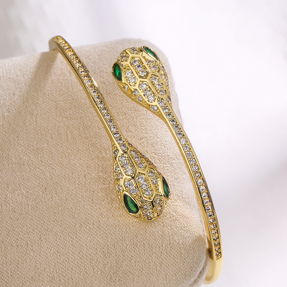 Minimalist Snake-Shaped Copper Bracelet with Real Gold Plating and Zircon Inlay for Women