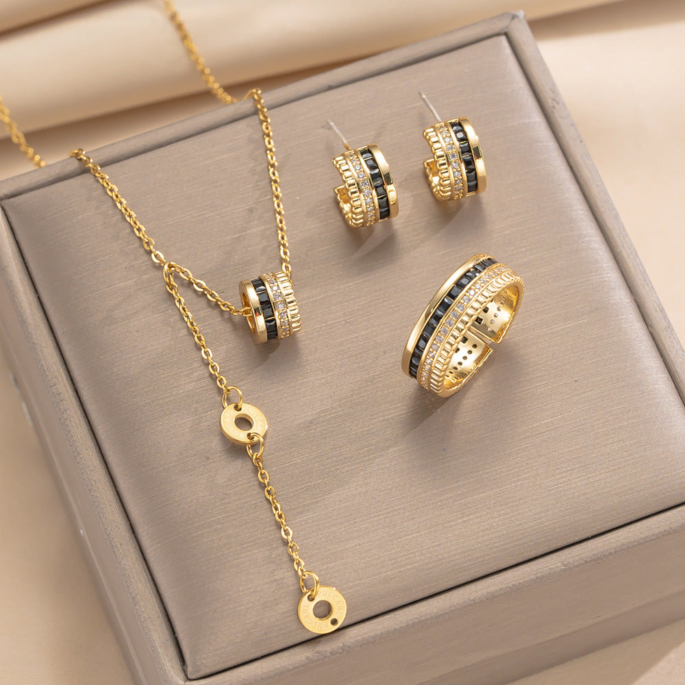Set di collana in acciaio al titanio geometrico minimalista di lusso leggero con ciondolo in rame placcato oro 18 carati e intarsio in zircone, unisex
