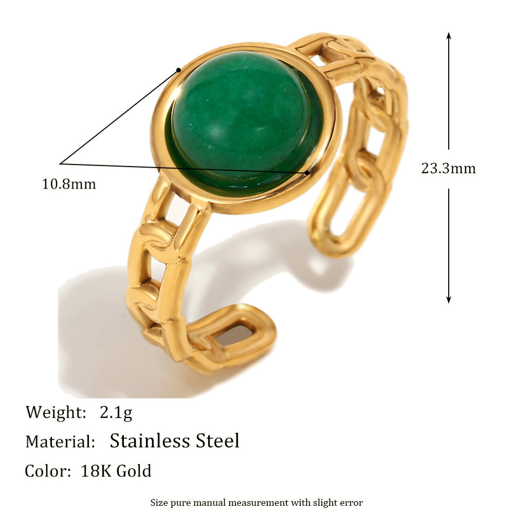 Vintage Geometric Stainless Steel Plated 18K Gold Green Gemstone Open Ring for Women