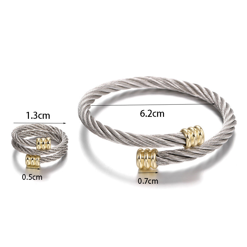 Geometric Round Titanium Steel Plated Micro-Inlaid Bracelet and Ring Set for Unisex