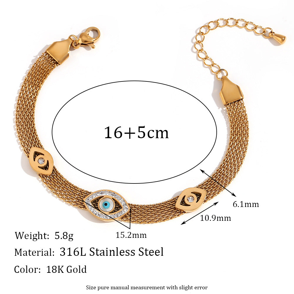 Bracciale da donna in acciaio inossidabile placcato oro 18 carati con occhio di Allah, design geometrico vintage e intarsi in pietra naturale