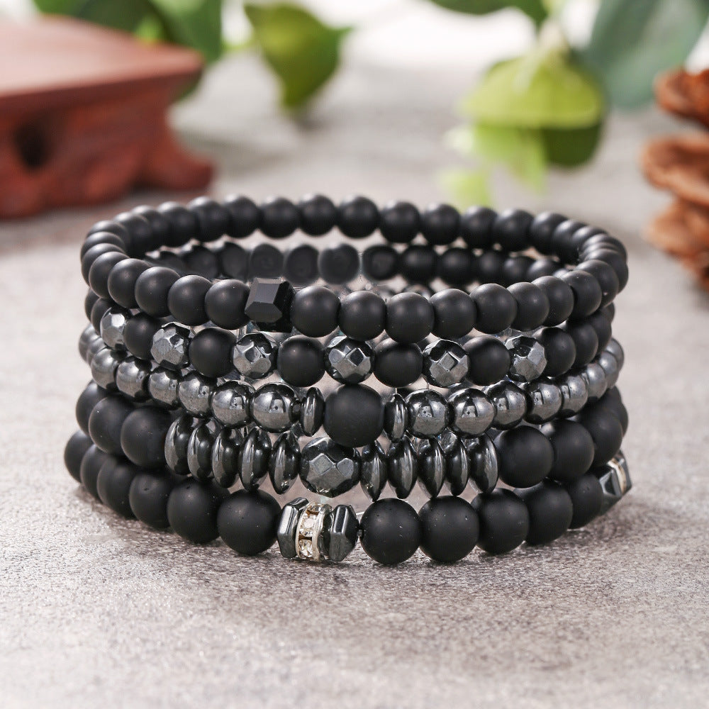 Matte Black Hematite Beaded Bracelet Set Geometric Round 6/8mm 5-Piece Unisex