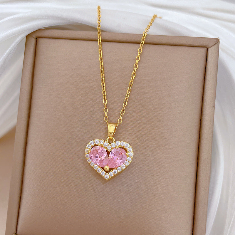 Sweet Minimalist Pink Hollow Heart Rhinestone Inlay Titanium Steel Necklace for Unisex
