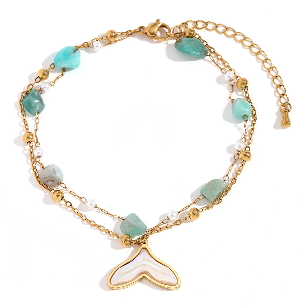 Elegante Cavigliera Doppia Strato con Ciondolo a Coda di Pesce Geometrico in Acciaio Inossidabile, Placcatura in Oro 18K e Intarsio in Pietra Naturale