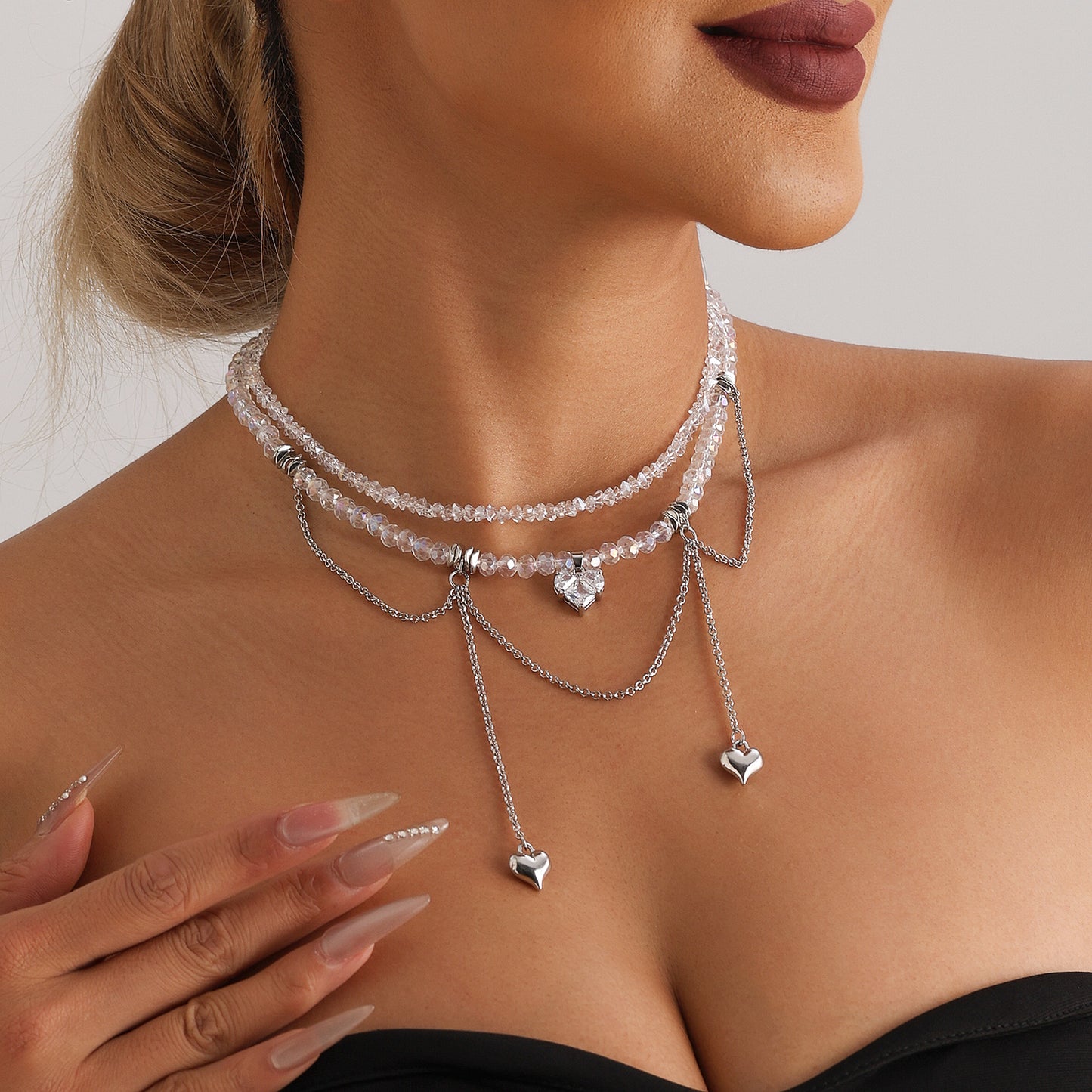 Minimalist Heart-Shaped Glass Pendant Necklace with Double Chain and Fringe Detail for Women