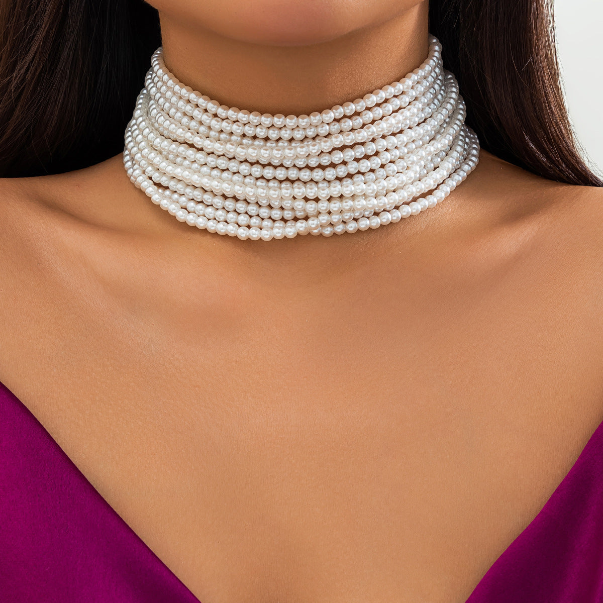 Vintage French-Inspired Multi-Layer Pearl-Style Choker Necklace for Women with Geometric Beads and Ball Chain