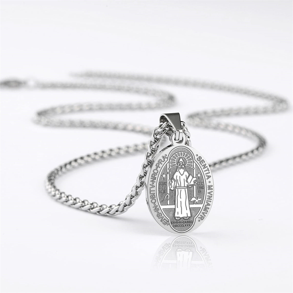 Minimalist Geometric Stainless Steel Saint Benedict Medal Pendant Necklace with Plated Finish for Women